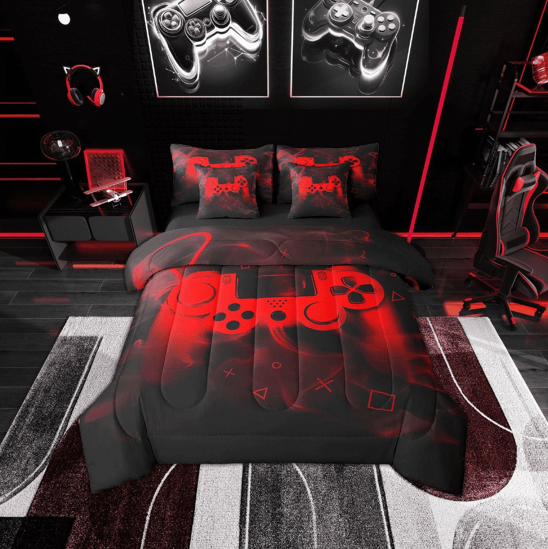 Erosebridal Red Gamepad Bedding Twin Size, Teen Gamer Gaming Comforter Sets with Sheets, Game Theme College Dorm Decor, Reversible 7pcs