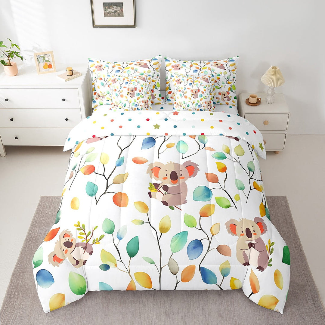 Cartoon Koala Bedding Twin Size 7 Pieces Watercolor Floral Comforter Set, Botanical Plants Bedding Comforter Sets Jungle Animal Bed in a Bag, Tropical Leaves Bedding Accessories