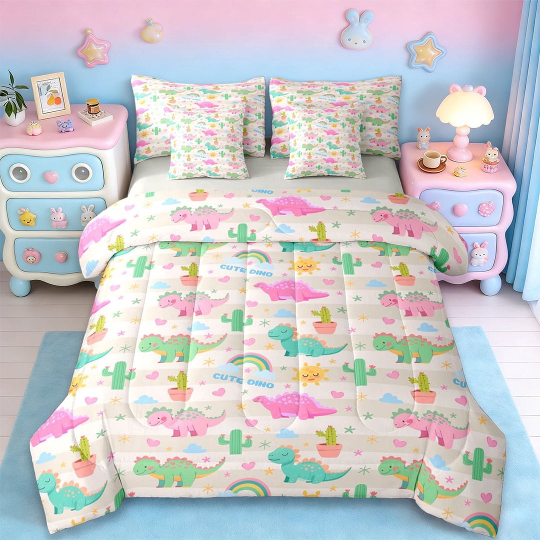 Erosebridal Rainbow Kawaii Dinosaur 7-Piece Twin Bedding Sets,Cartoon Cactus Cute Dino Bedding Comforter Set For Teens,Reversible