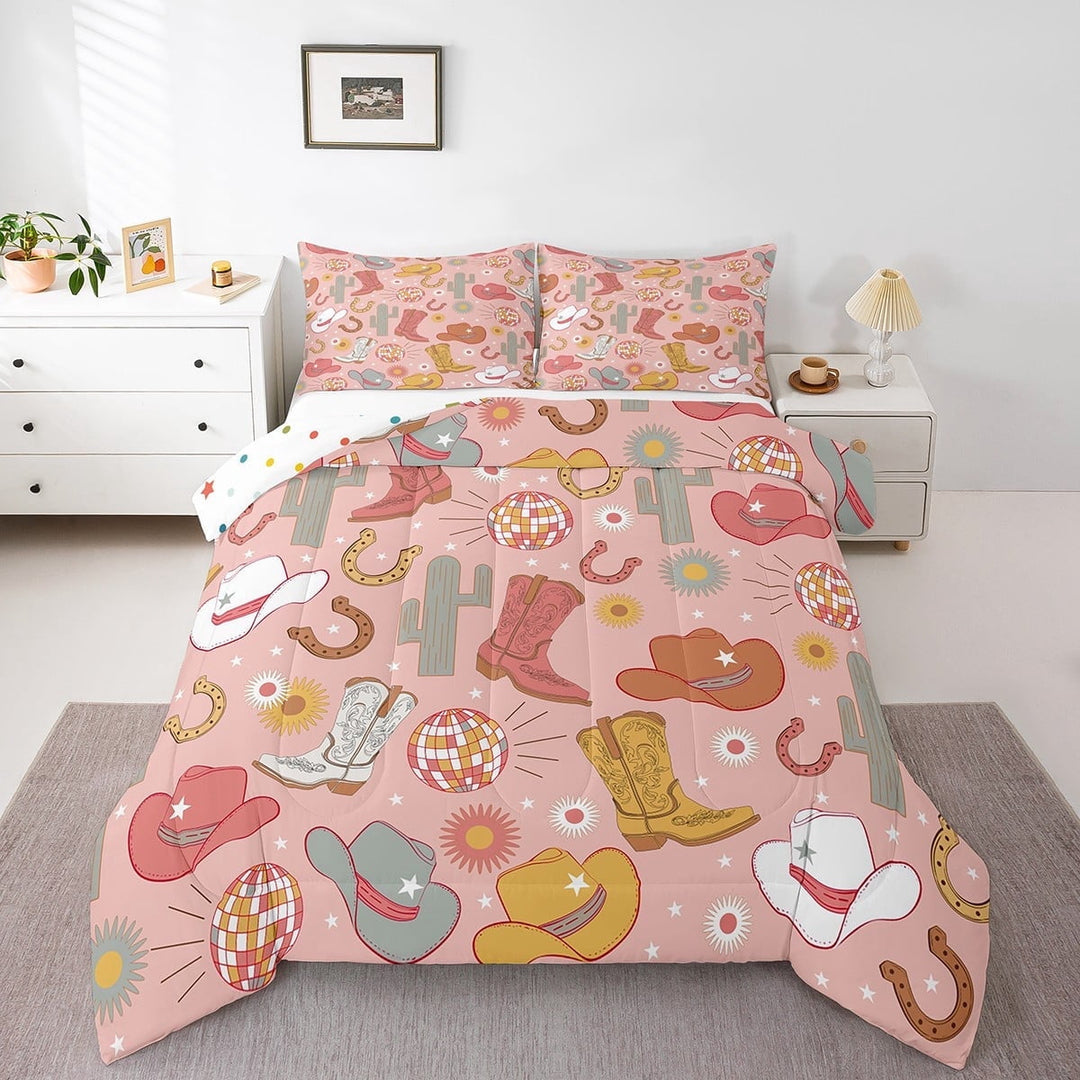 Erosebridal Weatern Horseshoe Bedding Twin Comforter Set,Disco Ball Down Comforter,Cowgirls Boots Bedding Sets Twin with Comforter,Ultra Soft Old Fashion Room Decoration,Reversible,3pcs