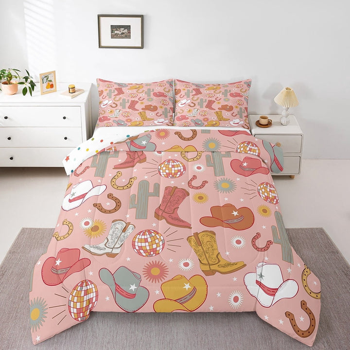 Erosebridal Weatern Horseshoe Bedding Twin Comforter Set,Disco Ball Down Comforter,Cowgirls Boots Bedding Sets Twin with Comforter,Ultra Soft Old Fashion Room Decoration,Reversible,3pcs