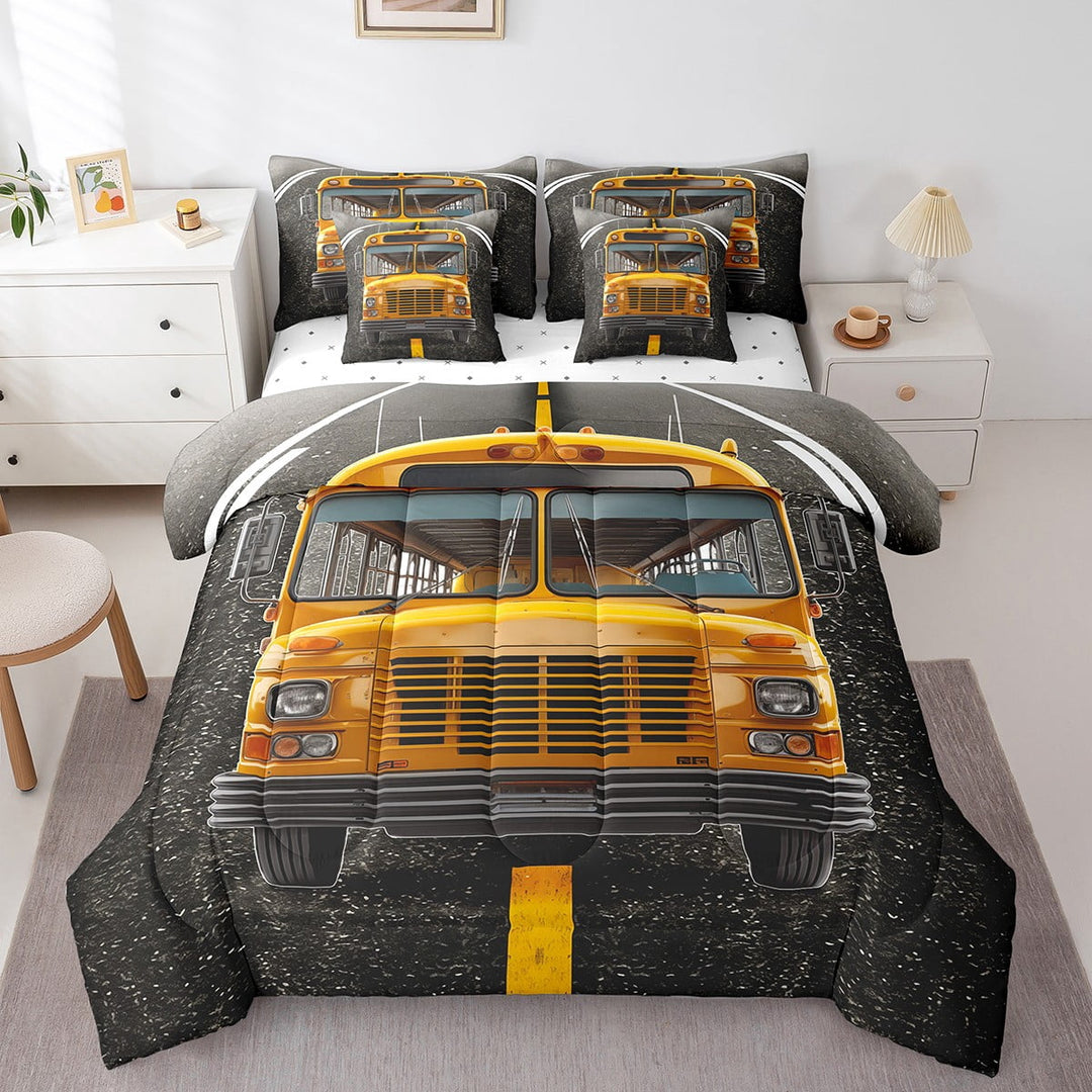 School Bus Bedding Queen Size 7pcs, 3D Bus Vehicle Printed Soft Comforter Set, Transportation Adults Bedding Comforter Sets Bed in a Bag, Yellow Black Car Automobile Bed Sheets Set