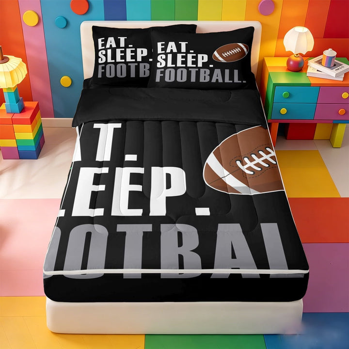 meiyoeat Football Sport Theme Zipper Twin Comforter Sets with Fitted Sheet and 2 Pillowcases For Kids,American Rugby Games Zipper Bedding Set For Boys,Black Reversible,4 Pieces