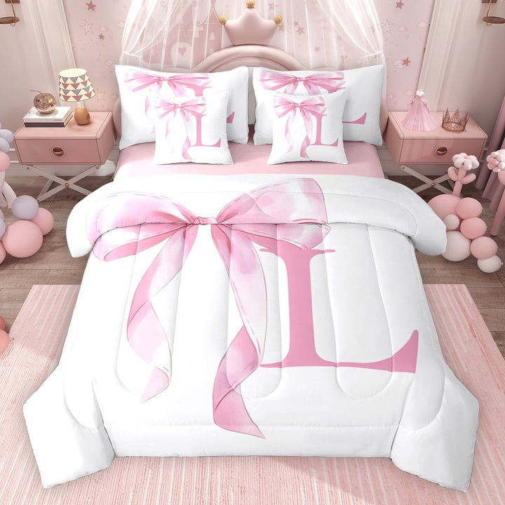 Erosebridal Girls Pink Bow Twin Bedding Sets, L Letter Bedding Comforter Set, Princess Style Bedroom Decor, Pink Reversible 7-Piece
