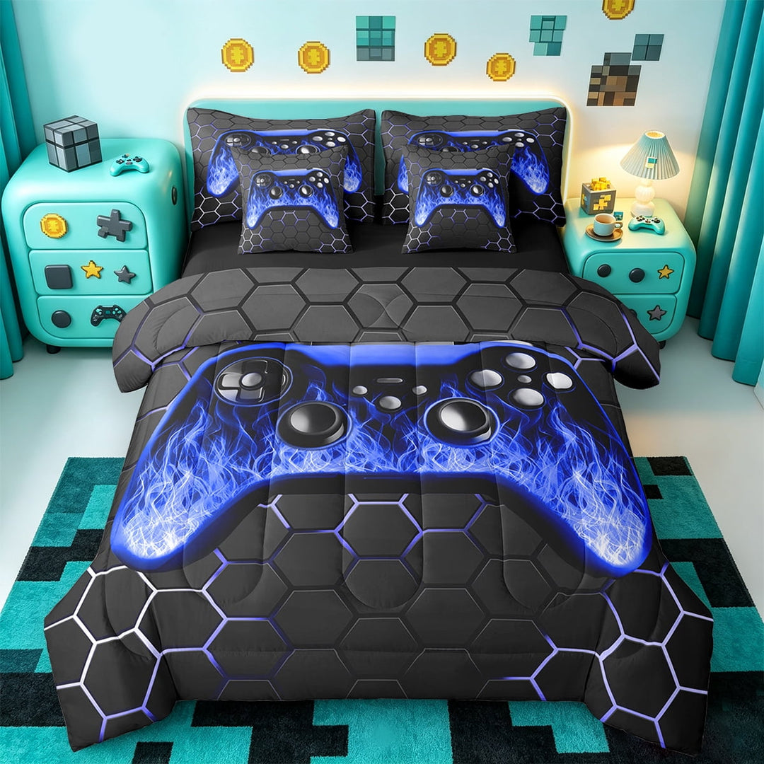 Manfei Gaming Bed in a Bag Twin Size,Game Gamer Controller Bed Set,Gradent Navy Black Bedding Twin Size For Boy,Microfiber Room Decor Reversible,7 Pieces