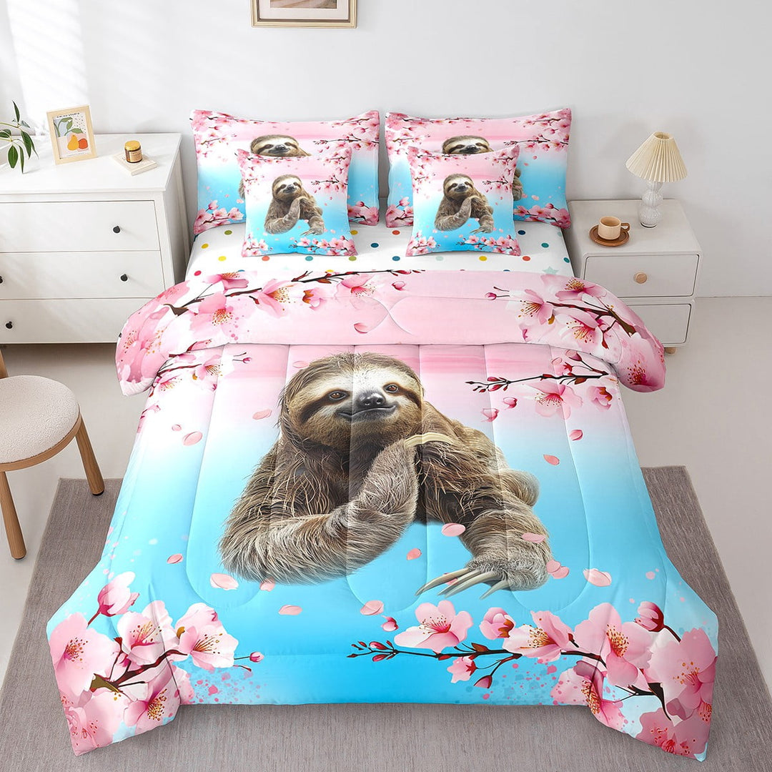 Sloth Bed in a Bag Queen Comforter Set 7 Piece,Wild Animal Bedding Sets Gradient Teal Pink Cherry Blossom Flowers Sheet Set with Comforter