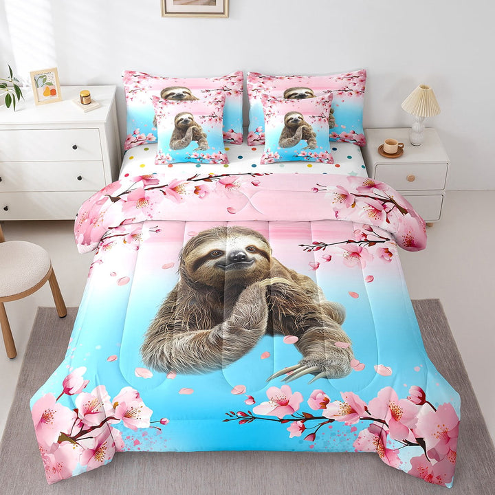 Sloth Bed in a Bag Queen Comforter Set 7 Piece,Wild Animal Bedding Sets Gradient Teal Pink Cherry Blossom Flowers Sheet Set with Comforter