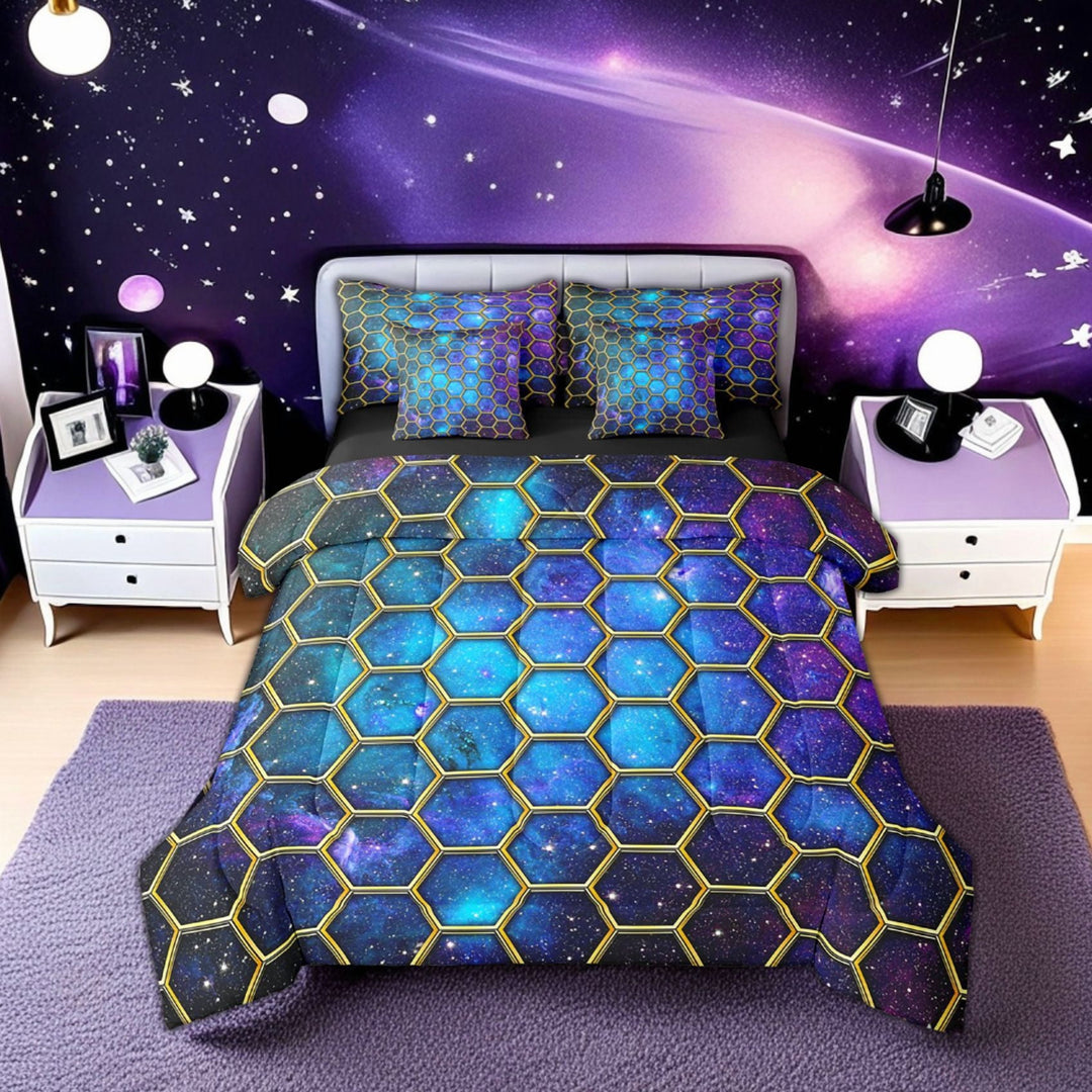 Erosebridal Blue Galaxy Universe Cosmos Bedding Twin Size, Hexagon Honeycomb Bedding Accessories, Super Cozy 7-Piece