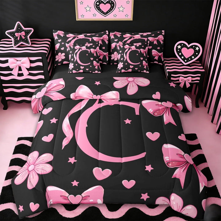 Erosebridal Personalized Initial Gifts 7-Piece Twin Bedding Sets For Girls Kids,Pink Bowtie Alphabet C Bedding Comforter Set,Reversible black