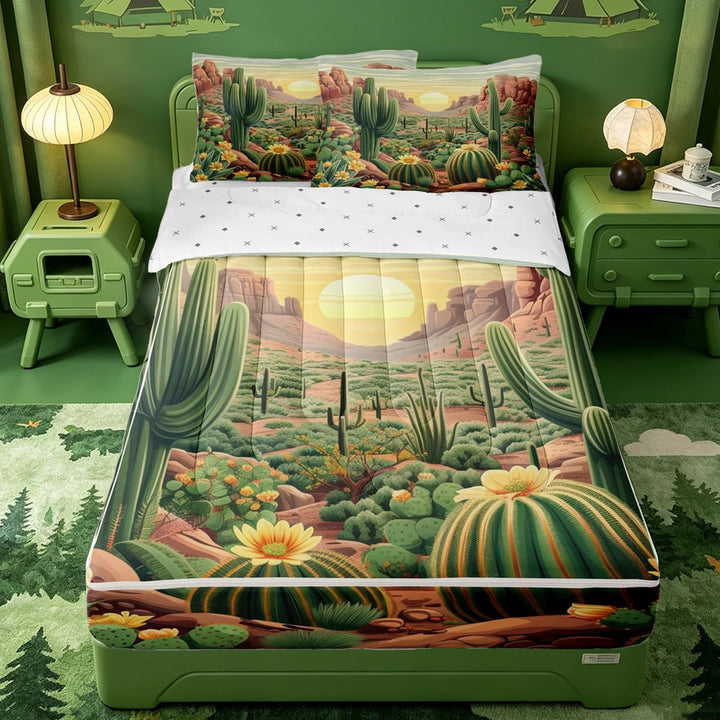 meiyoeat Desert Botanical Cactus Zipper Full Size Comforter Sets with Fitted Sheet and 2 Pillowcases For Kids,Rustic Western Cowgirl Farmhouse Zipper Bedding Set For Girls,Reversible,4 Pieces