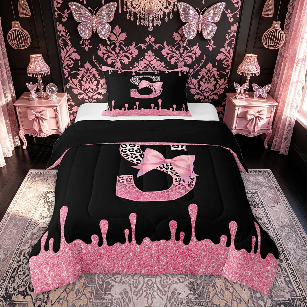 meiyoeat Leopard Print Letter S Full Size Comforter Sets for Girls Kids, Bow Initial Bedding Comforter Set for Bedroom, Pink, Black Reversible, 3pcs, 1 Comforter and 2 Pillowcases