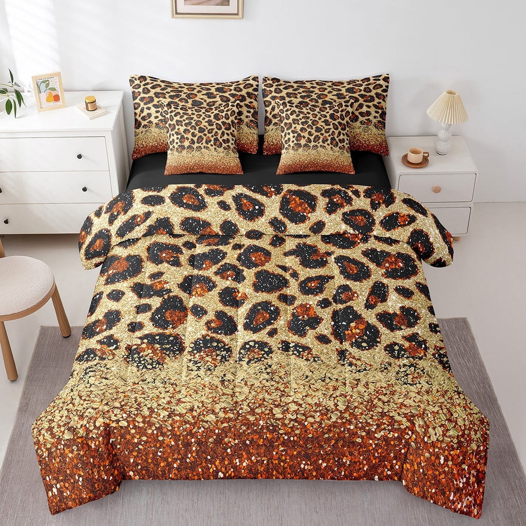 Orange Leopard Print Bed in a Bag King Size Comforter Set 7 Pieces,Gold Sequins Print Sheet Set with Comforter,Animal Hide Cheetah Bedding Set African Animals Bed Set Spot Western Decor