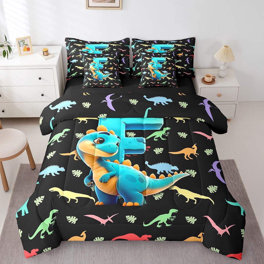 Erosebridal Kawaii Animal Bedding Sets Twin Size, Cute Dinosaur Comforter Sets with Sheets, Initial F Letter Reversible Bed Set, Ultra Soft Room Decorative, 7-Piece