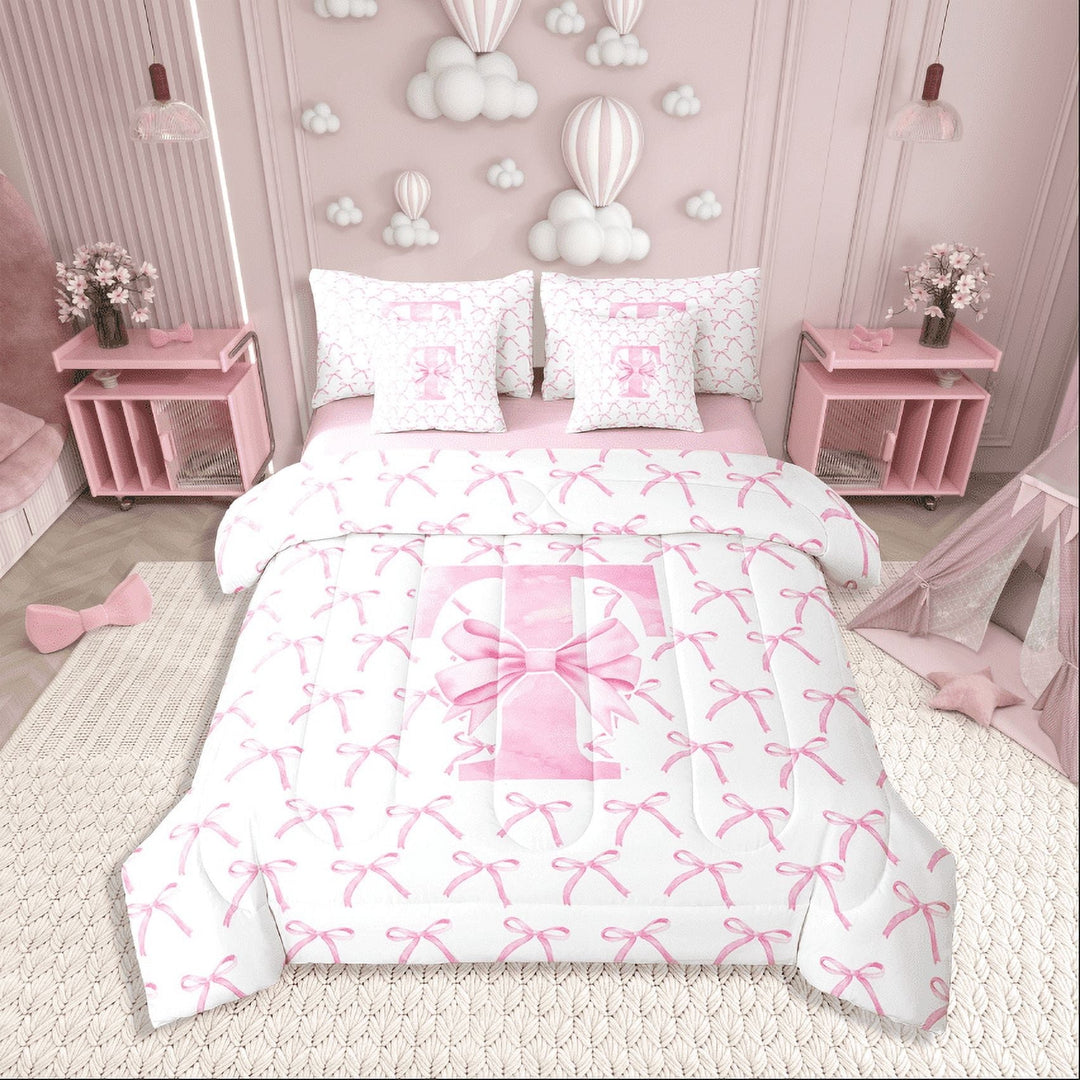Erosebridal Monogrammed Bow Tie Bedding Sets Twin Size,Dreamy Princess Comforter Sets with Sheets,Letter Bedroom Decor,Reversible,7pcs