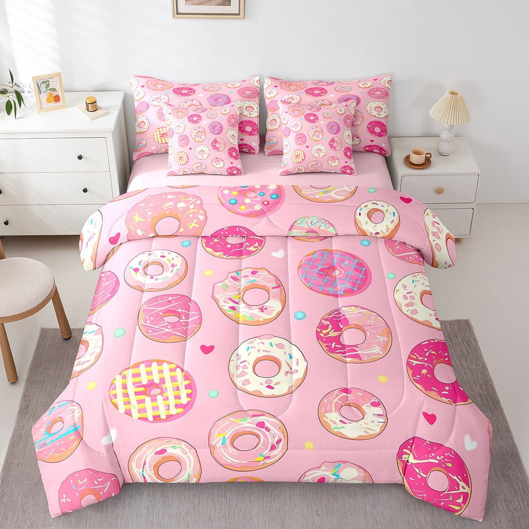 Erosebridal Dessert Donut Bedding Sets Full Size, Cute Cake Comforter Sets with Sheets, Cartoon Decorative, Reversible 7pcs