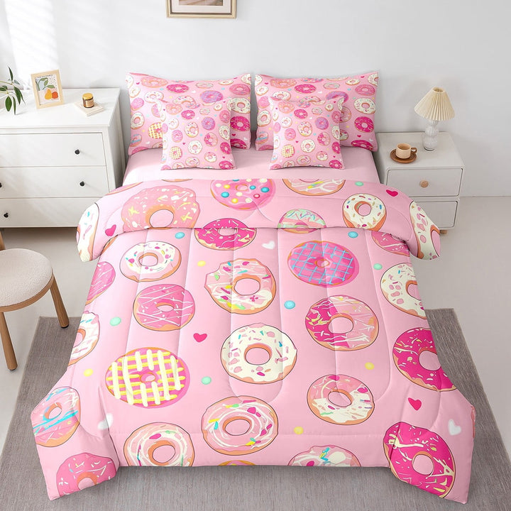 Erosebridal Dessert Donut Bedding Sets Full Size, Cute Cake Comforter Sets with Sheets, Cartoon Decorative, Reversible 7pcs