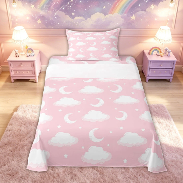 meiyoeat Dreamy Moon Bed Sheets for Kids Girls, Cloud Star Full Size Sheets for Bedroom, Pink White, 4-Piece