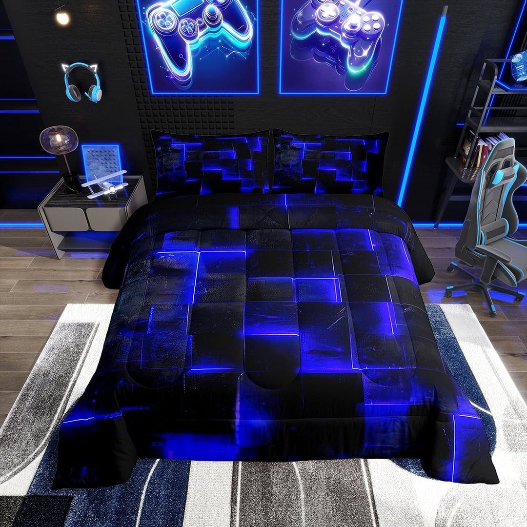 Erosebridal Black and Navy Blue Comforter Set Full Modern Abstract Full Bedding, 3D Glowing Plaid Bedding Comforter Sets Gradient Grid Duvet, Neon Square Quilted Comforter 3pcs (Black Reversible)