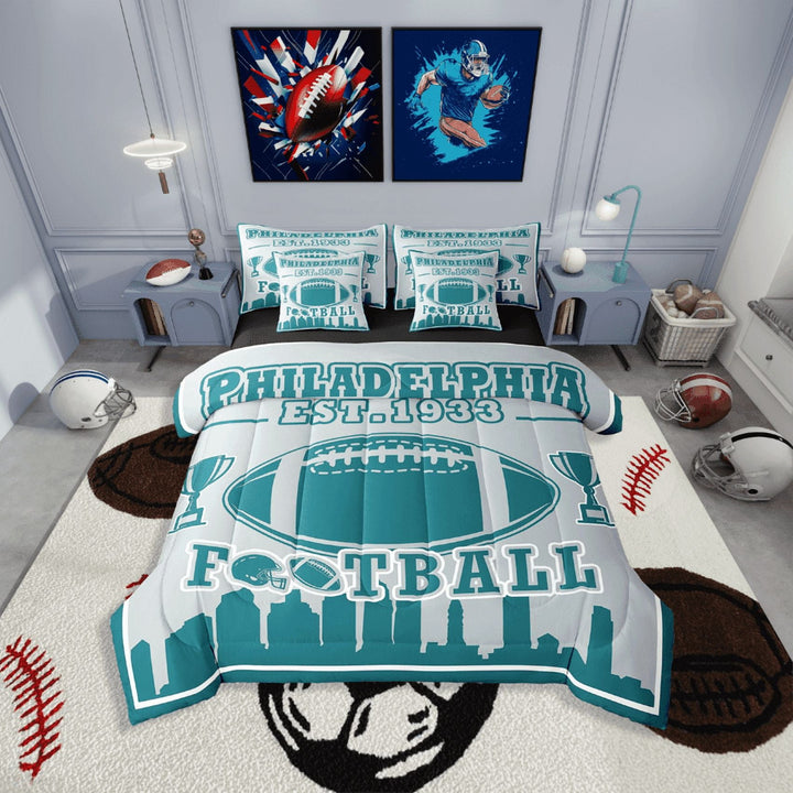 Erosebridal Football Print Bedding Sets Twin Size,Green Grey Comforter Sets with Sheets,Teenager Bedroom Decor(Philadelphia),Reversible,Lightweight,7-Piece