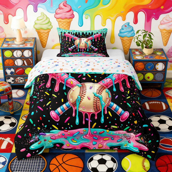 Erosebridal Pink Teal Drippy Baseball Bat Print Twin Comforter Sets, Colorful Sports Bedding Set for Kids Boys and Girls, Colorful Stars Reversible 2pcs, 1 Comforter and 1 Pillowcase