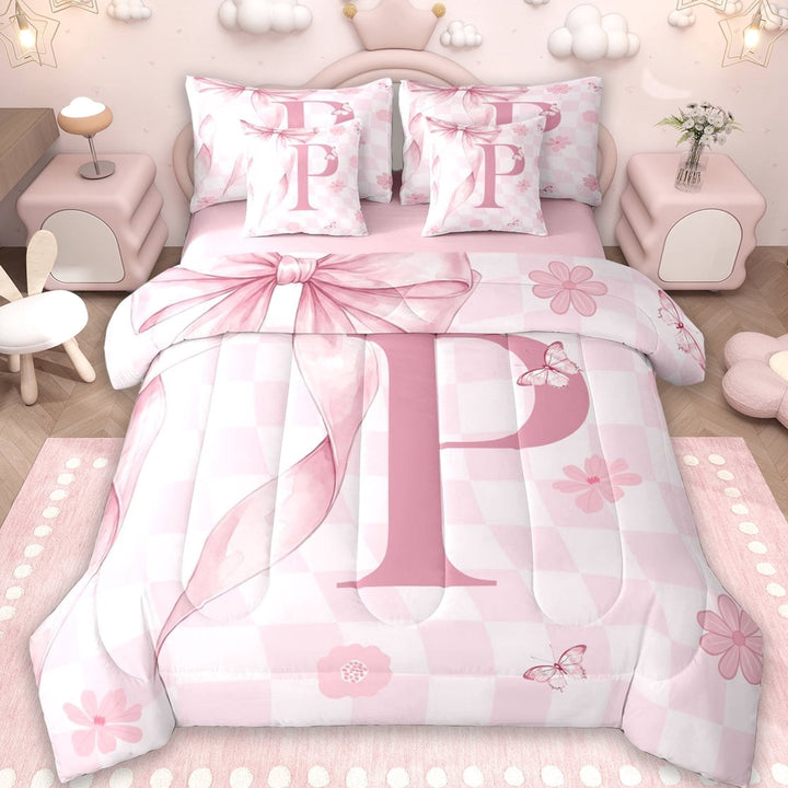 Erosebridal Initial Alphabet P Kids 7-Piece Twin Bedding Sets,Pink Floral Flowers Bedding Comforter Set For Bowtie Girls,Reversible pink