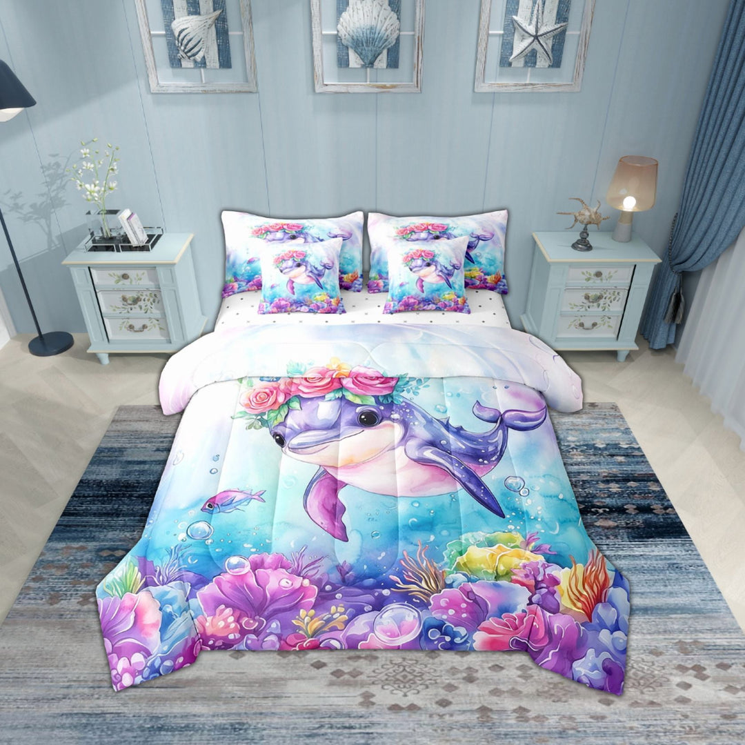 Erosebridal Cartoon Dolphin Bedding Sets Twin Size,Blue Pink Comforter Sets with Sheets,Ocean Theme Decor,Breathable,7pcs