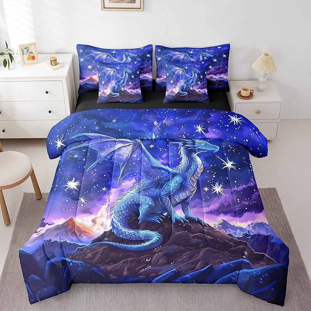 Twin Size 7 Piece Comforter Set Dragon Bed Sheet Galaxy Starry Sky Glitter Bedding Sets Purple Reversible Bed Sheet Sets(1 Comforter 2 Pillowcases 1 Flat Sheet 1 Fitted Sheet 2 Throw Pillow Covers