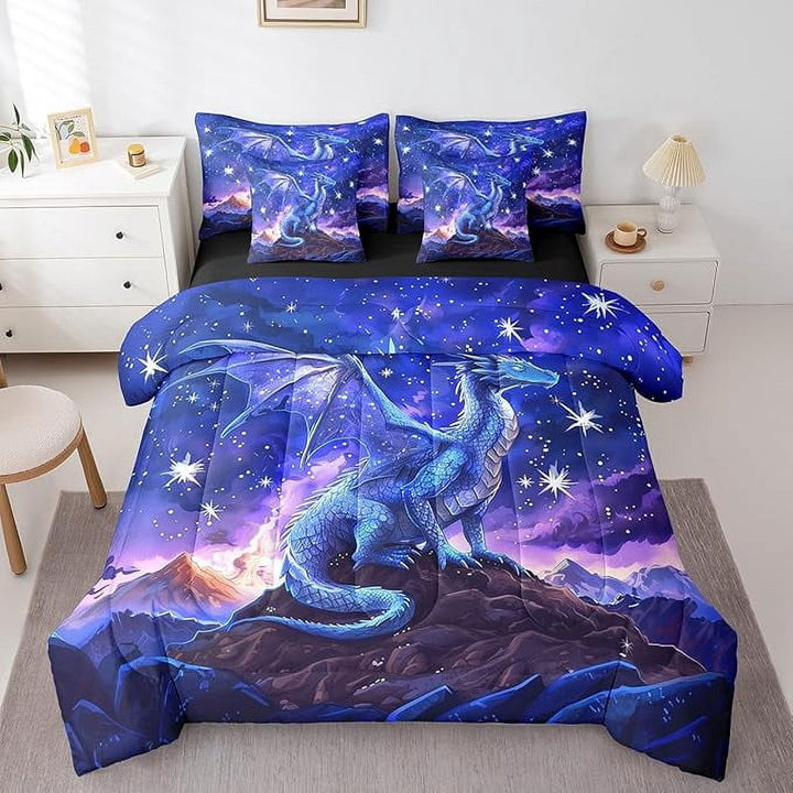 Twin Size 7 Piece Comforter Set Dragon Bed Sheet Galaxy Starry Sky Glitter Bedding Sets Purple Reversible Bed Sheet Sets(1 Comforter 2 Pillowcases 1 Flat Sheet 1 Fitted Sheet 2 Throw Pillow Covers