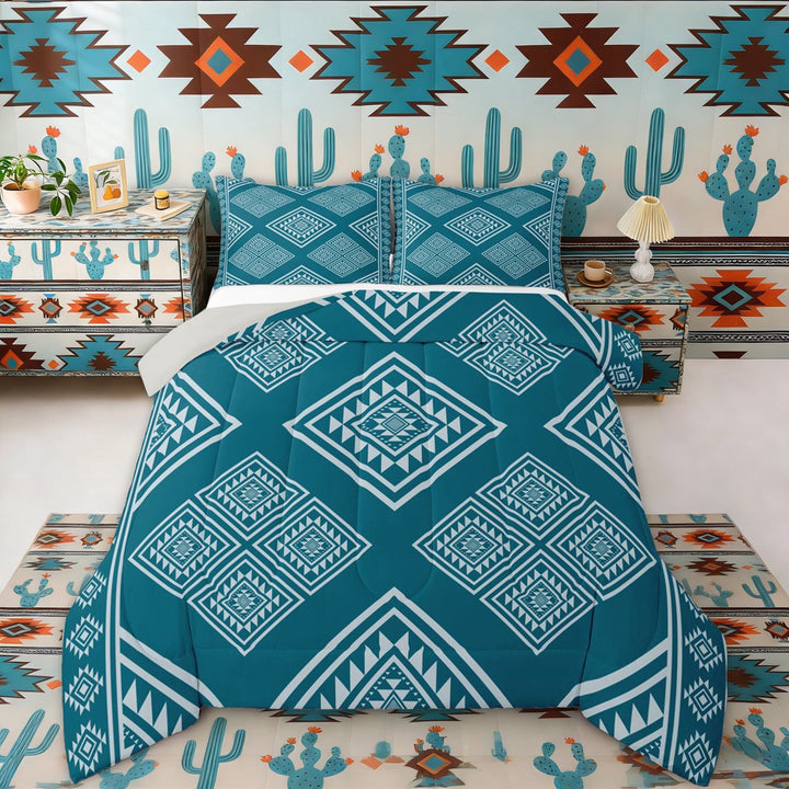 Erosebridal Aztec Aesthetic Full Size Comforter Sets, Teal Blue Bedding Sets, Gray Reversible 3-Piece, 1 Comforter and 2 Pillowcases