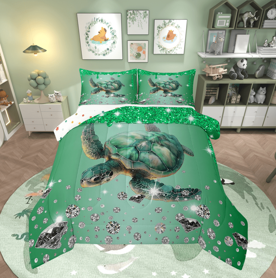 Sea Turtle Comforter Set Green Sequin Fluid Art Twin Bedding Sets,Crystal Diamond Bed Set Nautical Sea Animal Duvet Insert,Coastal Creature Ocean Decor