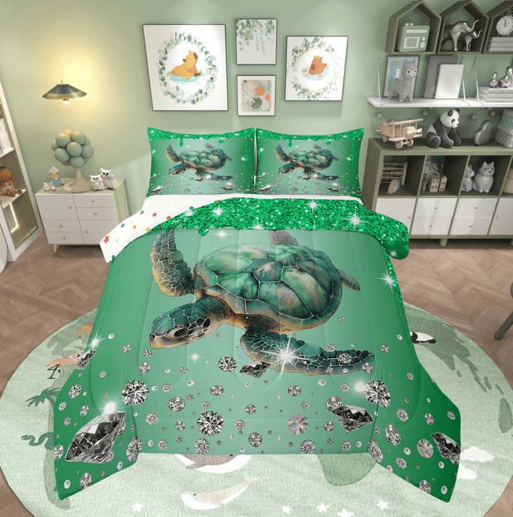 Sea Turtle Comforter Set Green Sequin Fluid Art Twin Bedding Sets,Crystal Diamond Bed Set Nautical Sea Animal Duvet Insert,Coastal Creature Ocean Decor