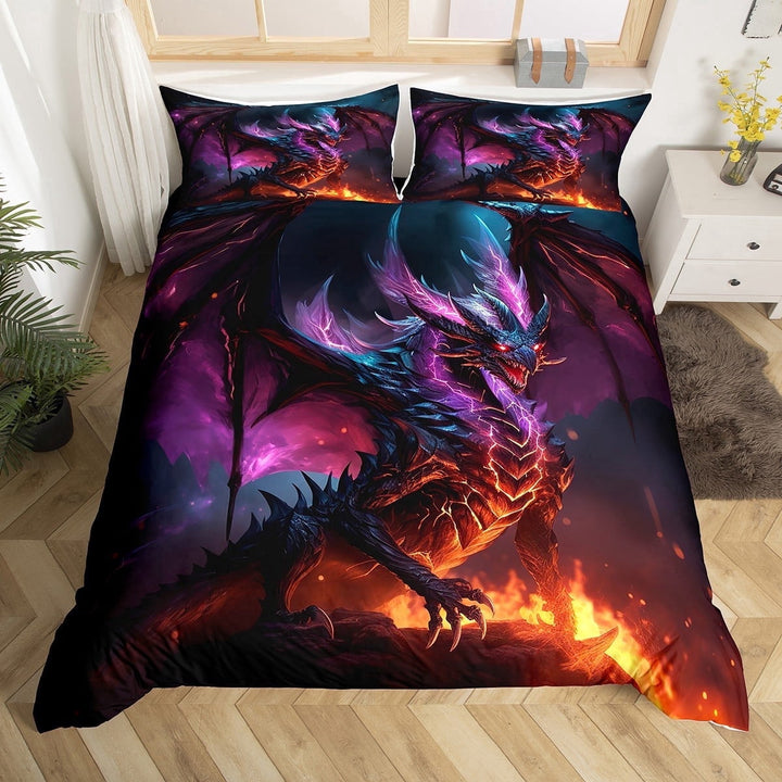 Black Dragon Bedding Set Queen Magic Animal Comforter Cover, Magical World Bed Set Neon Purple Lightning Duvet Cover, Fire Flames Quilt Cover 3D Dragon Theme Bedroom Decorations