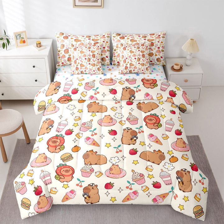 Erosebridal Cute Capybaras Twin Bedding Sets 7-Piece For Teens,Funny Food Bubble Tea Hamburger Dessert Animal Bedding Comforter Set For Kids Boy Girls,Ultra Soft Home Decor