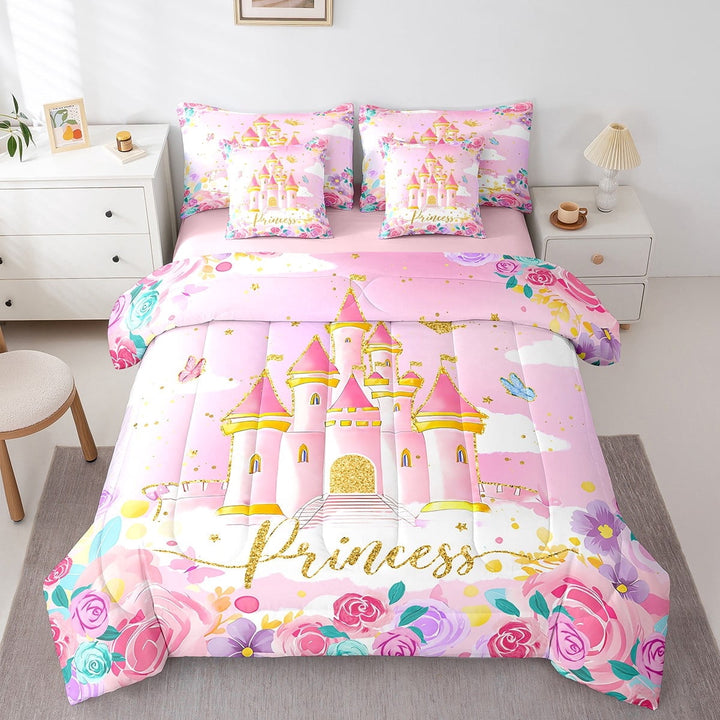 Erosebridal Girly Pink Castle Bedding Sets Queen Size, Dreamy Princess Comforter Sets with Sheets, Colorful Floral Decor, Reversible