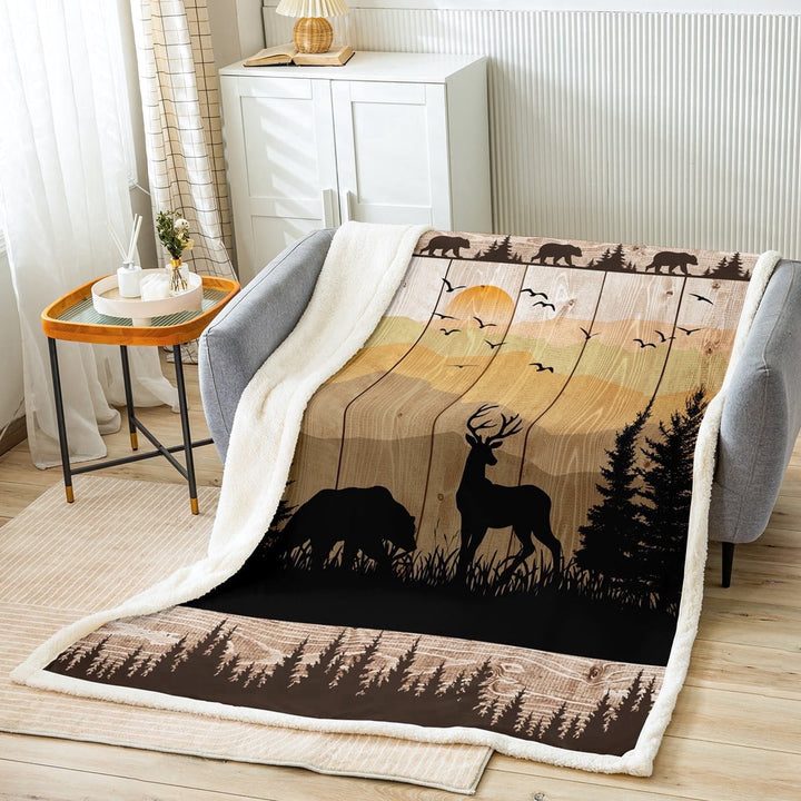 Bear Deer Fleece Blanket Queen 90x90 inch,Rustic Elk Moose Mountain,Sherpa Blanket for Teens Adults,Wood Plank Decorative Plush Blanket,Hunting Animals Pine Throw Blanket for Sofa Bed Couch