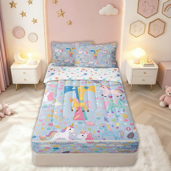 meiyoeat Cute Unicorn T Initial Zipper Comforter Set with Fitted Sheet and 2 Pillowcases for Kids, Cartoon Monogram Zipper Bedding Set, Blue Multicolor, Colorful Star Reversible, 3 Pieces