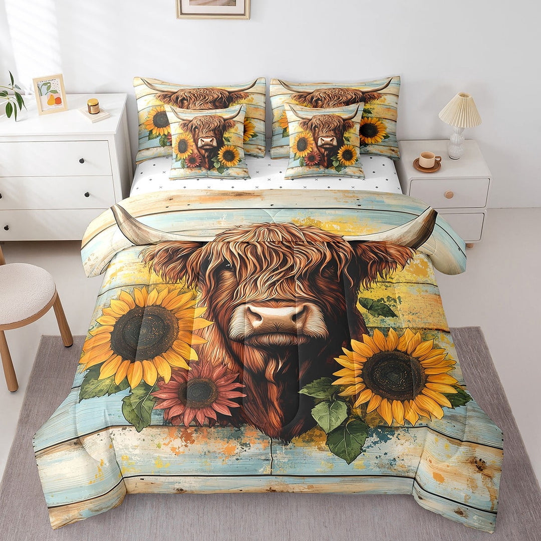 Erosebridal Highland Cow Comforter Set with Sheets Twin Size Highland Cattle Bed in a Bag Set Teens Animal 7 Pieces Bedding Set Western Decor Bed Set Room Decor Brown