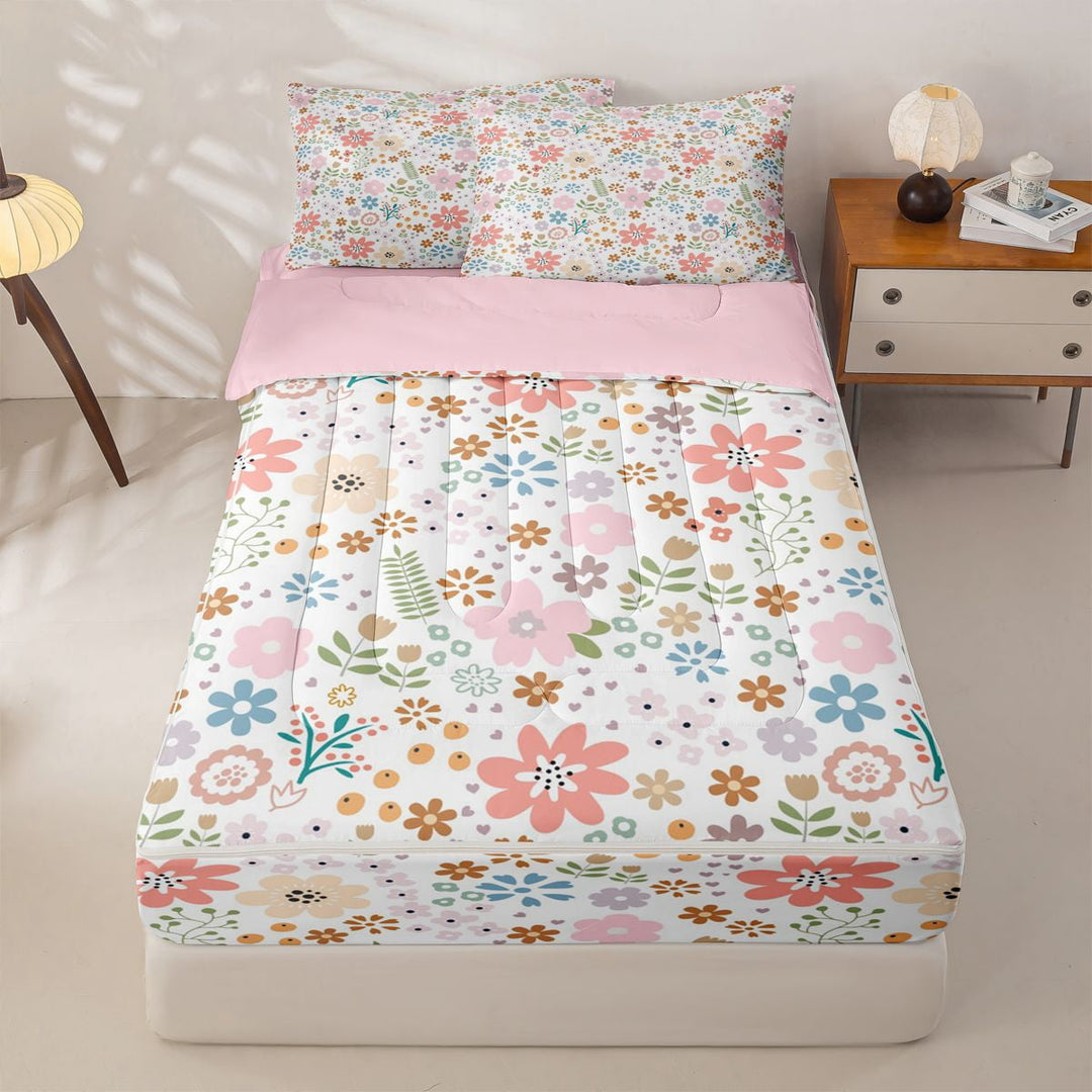 meiyoeat Pastel Floral Garden Zipper Full Size Comforter Sets with Fitted Sheet and 2 Pillowcases for Kids Girls, Boho Flower Leaf Zipper Bedding Set, Multicolor White, Pink ReversibleG