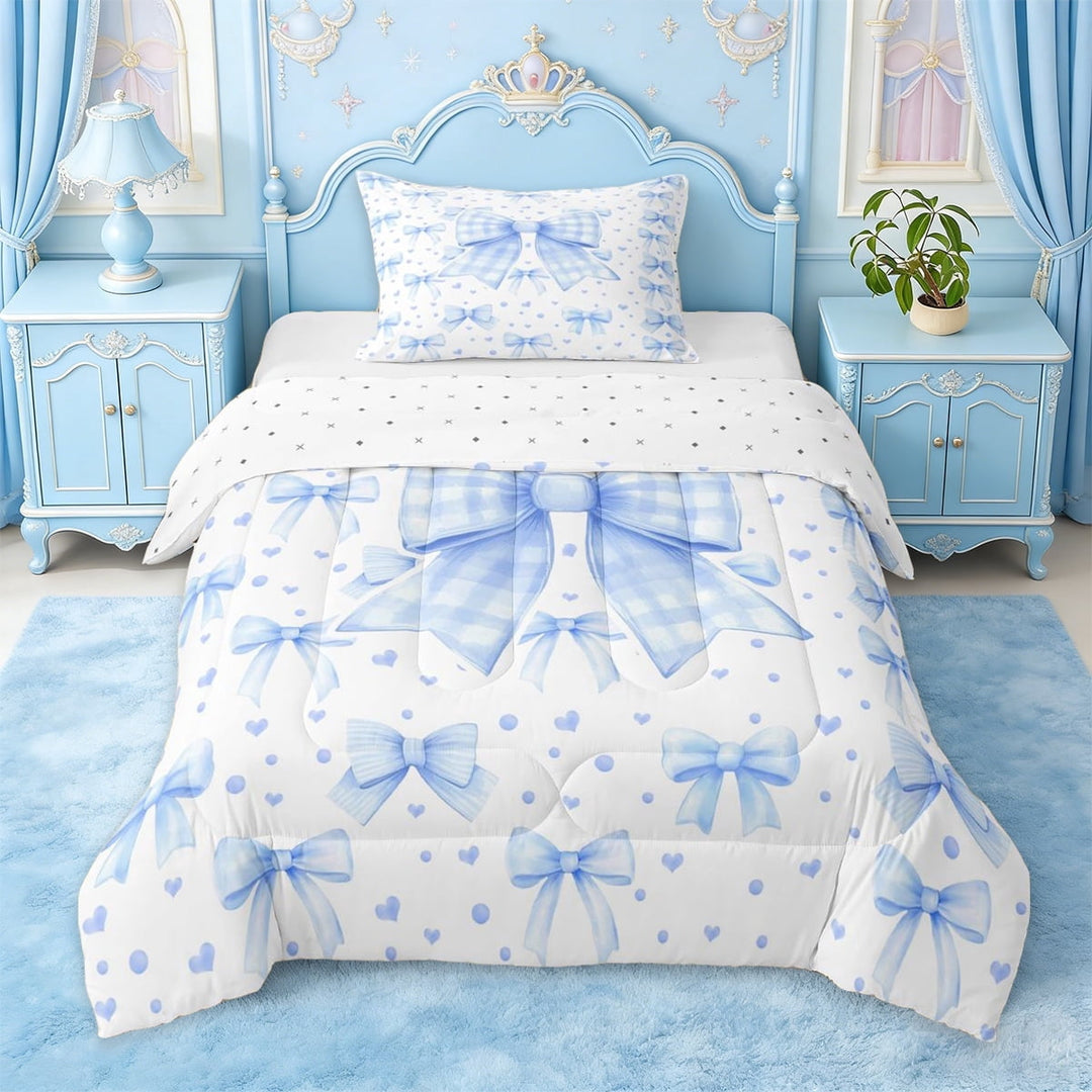 Erosebridal Blue Bow Twin Comforter Sets For Girls,Cartoon Heart Print Bedding Set For Kids,Reversible,2 Pieces
