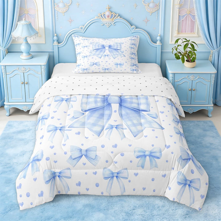 Erosebridal Blue Bow Twin Comforter Sets For Girls,Cartoon Heart Print Bedding Set For Kids,Reversible,2 Pieces