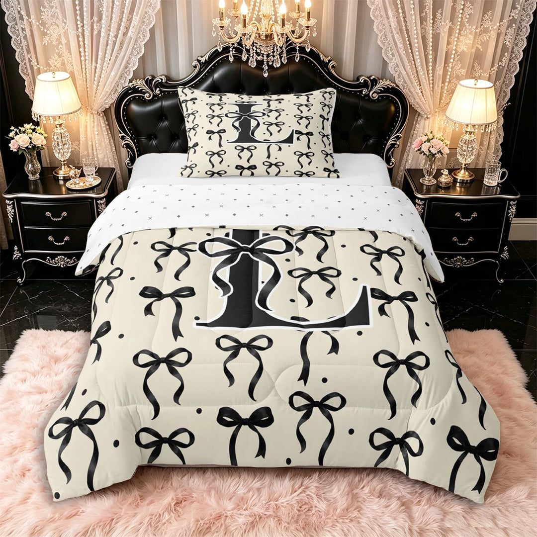 Manfei Cartoon Bow Letter L Monogrammed Twin Comforter Sets 3-Piece for Girls Teens,Polka Dots Vintage Bowtie Bedding Set for Kids,Super Cozy Room Decor
