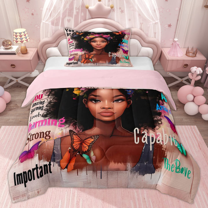 Erosebridal Cute Black Girl Twin Comforter Sets, Cartoon Butterfly Animal Bedding Set, 2-Piece