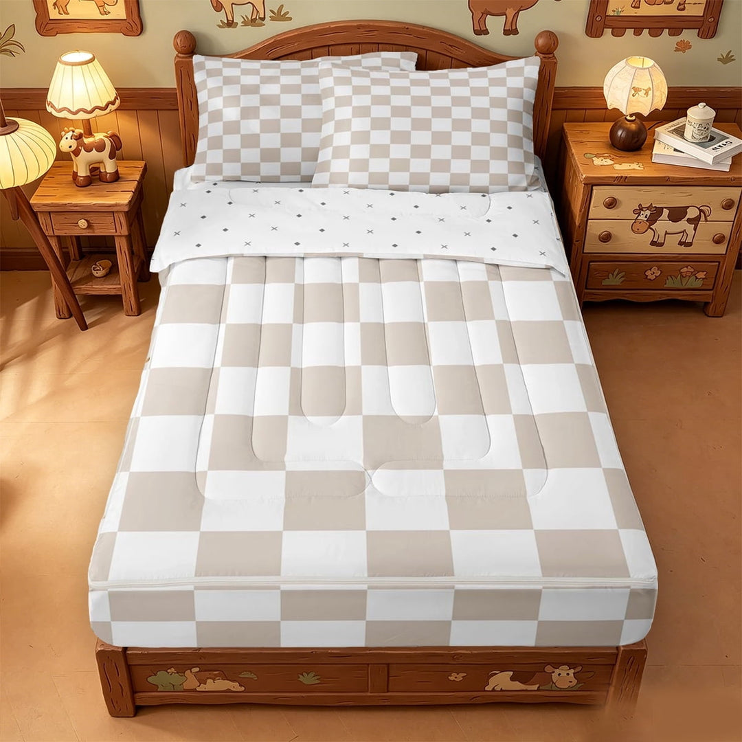meiyoeat Modern Geometric Plaid Zipper Twin Comforter Sets with Fitted Sheet and 2 Pillowcases,Abstract Piexal Pattern Zipper Bedding Set,Reversible,4-Piece