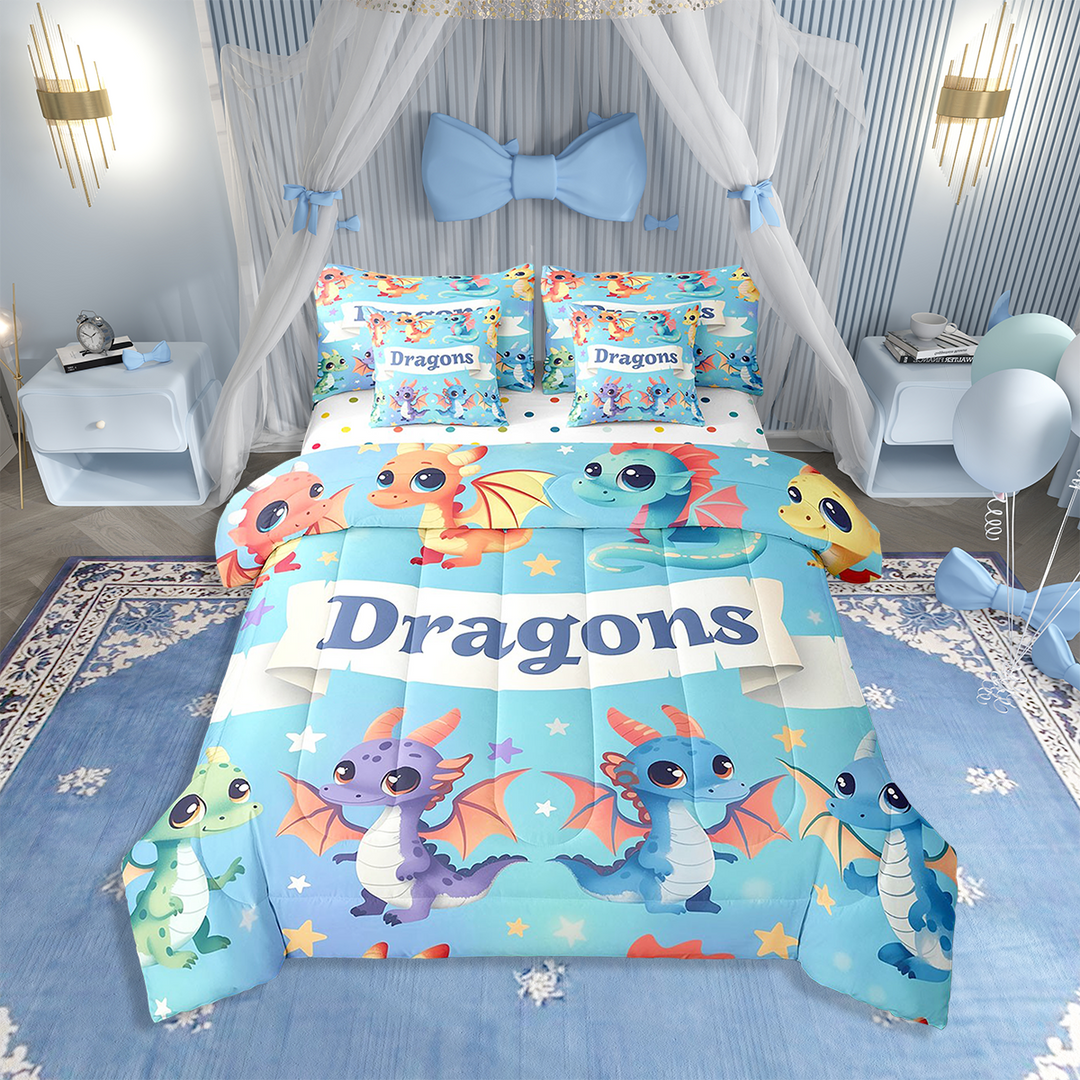 Dragon Bedding Set Kawaii Animals Bed In A Bag 7Pcs,Colourful Cartoon Cute Decor Twin Comforter Set Teens Bedroom Wildlife Dragons Bed Set,Blue