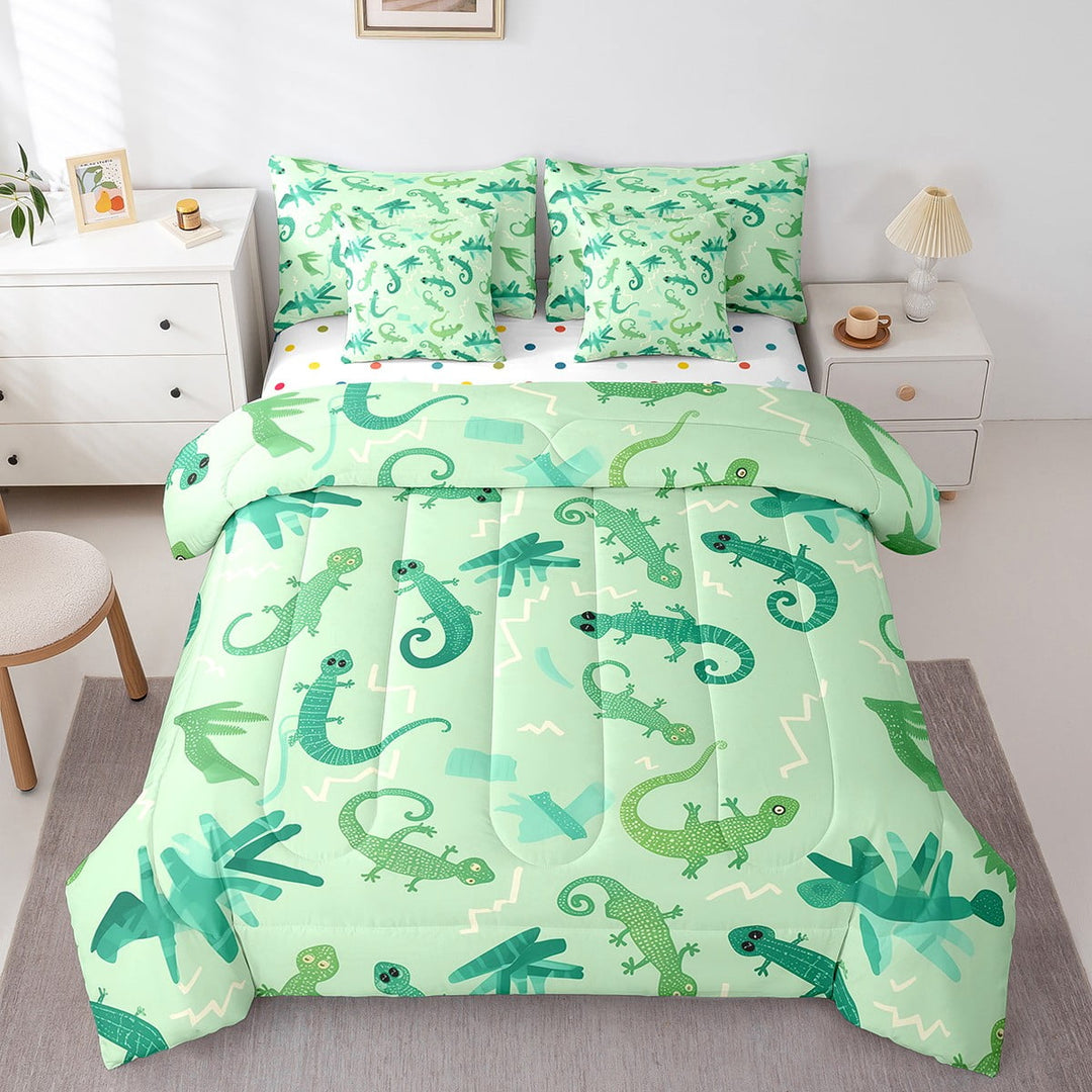 Green Lizard Bed in a Bag Twin Comforter Set 7 Piece, Cartoon Lizard Gecko Bedding Sets Wildlife Reptile Wild Animals Sheet Set with Comforter,Lime Green