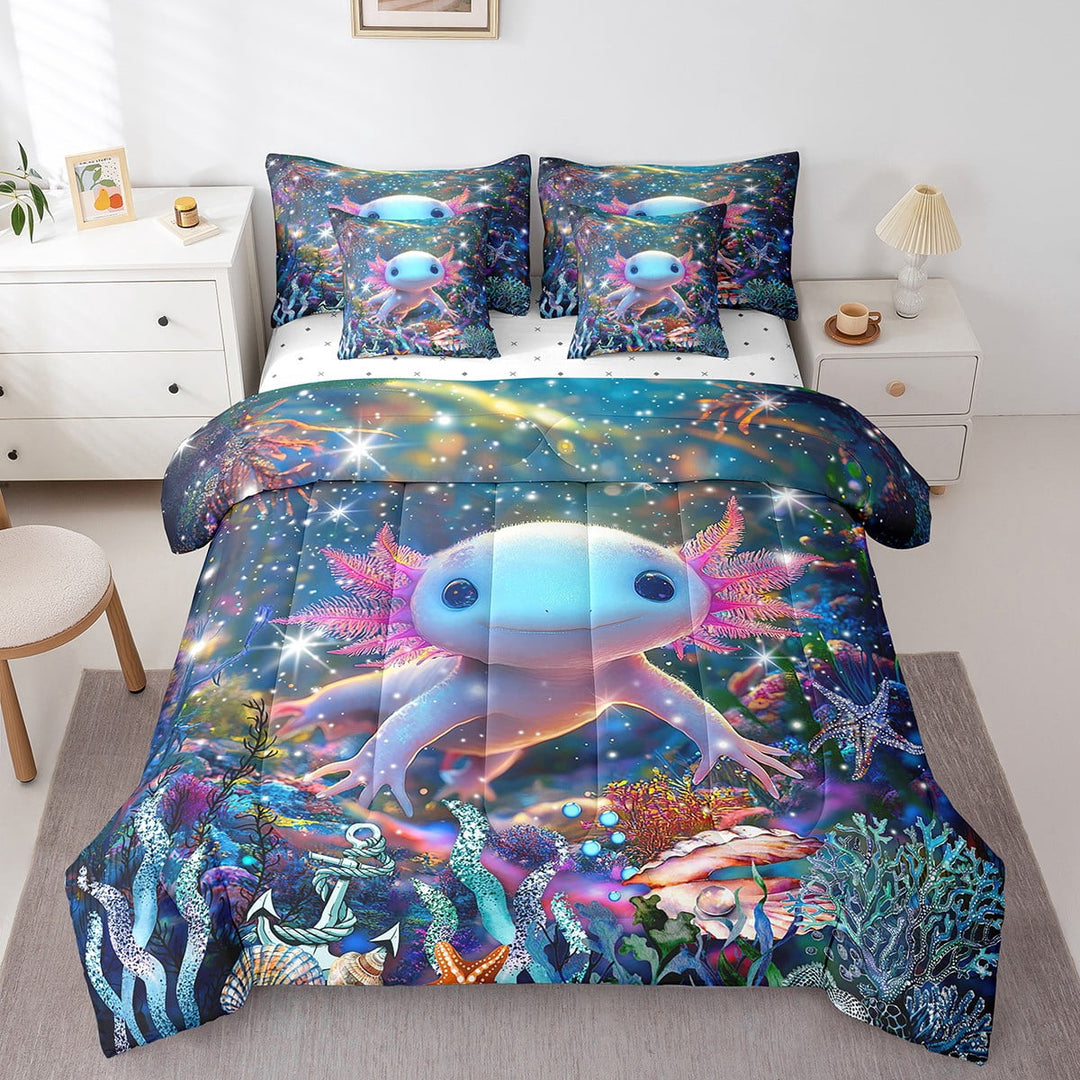 Erosebridal Cute Axolotl Comforter Set Twin 7 Pcs Salamander Anchor Decor Kawaii Ocean Sealife Bedding Set Reptile Animal Bed in a Bag with Comforter,Sheets