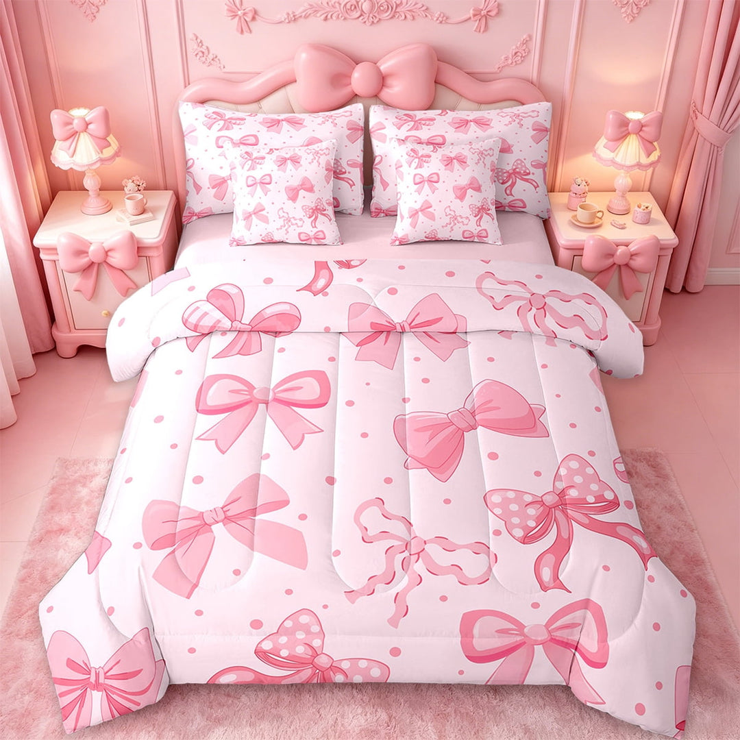 Erosebridal Cute Bowknot Bed in a Bag Twin Size,Ribbon Bowtie Bed Set,Pink Dot Bedding Twin Size For Girls,Ultra Soft Bedroom Decoration Reversible,7 Pieces