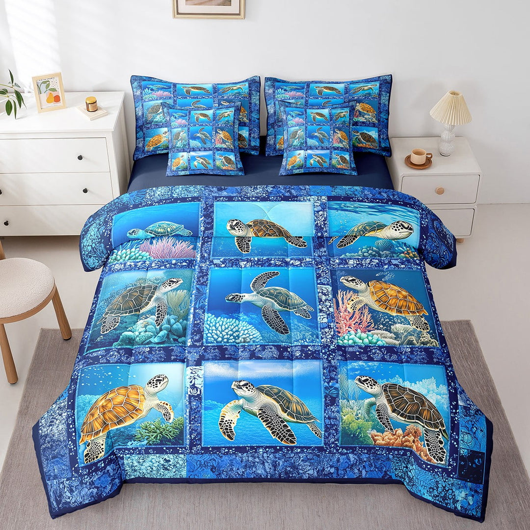 Erosebridal Sea Turtle Comforter Set Twin 7 Pcs 3D Reptile Animal Printed Ocean Marine Themed Plaid Bedding Set Marine life Sealife Bed in a Bag with Comforter,Sheets