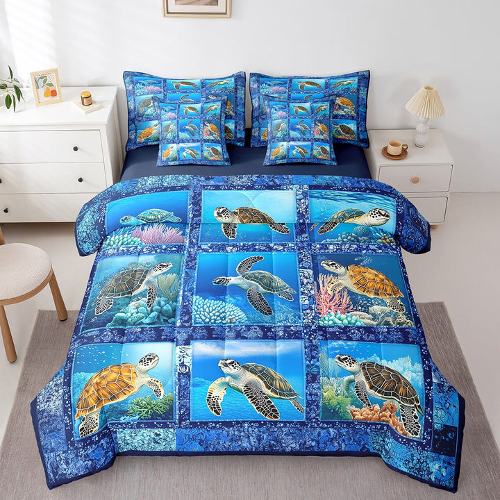 Erosebridal Sea Turtle Comforter Set Twin 7 Pcs 3D Reptile Animal Printed Ocean Marine Themed Plaid Bedding Set Marine life Sealife Bed in a Bag with Comforter,Sheets