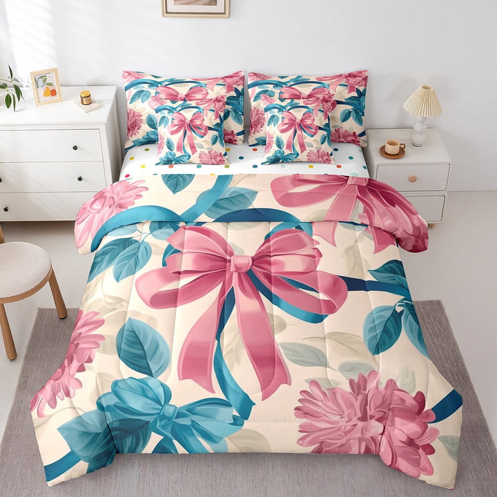 Bowknot Bedding Set King,Victorian Princess Comforter Set Gifts Women,Vintage Watercolor(Comforter+Fitted+Flat Sheet+2 Pillowcases+2 Throw Pillow Covers) 7 Pieces Bed Set